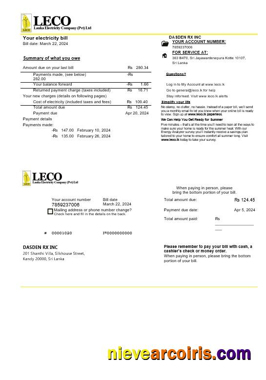 Sri Lanka LECO Company electricity business utility bill